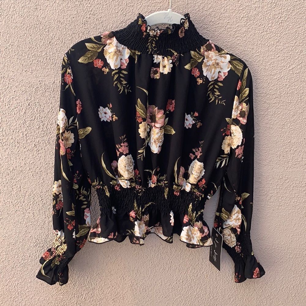 Justify Black Rose & Gold Floral Crop Top Sz Small  Zipper Back High Neck New